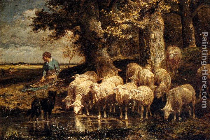 A Shepherdess With Her Flock painting - Charles Emile Jacque A Shepherdess With Her Flock art painting